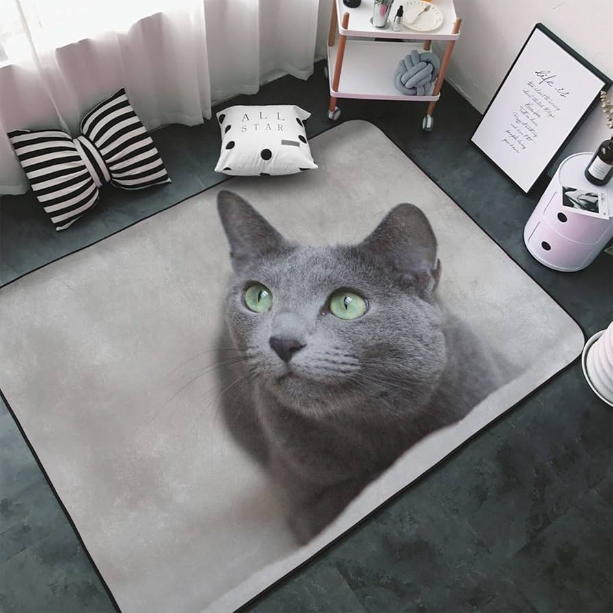 Amazon | ロシアンブルー 猫 猫柄 灰色 カーペット 長方形