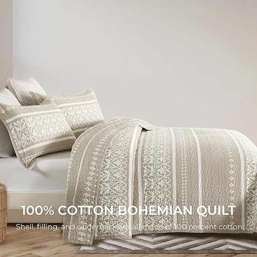 Vista 3 de Juego de edredón bohemio Queen, edredón 100% algodón, tamaño Queen, color beige, bohemio, estampado a rayas, ligero, reversible, para todas las Avena