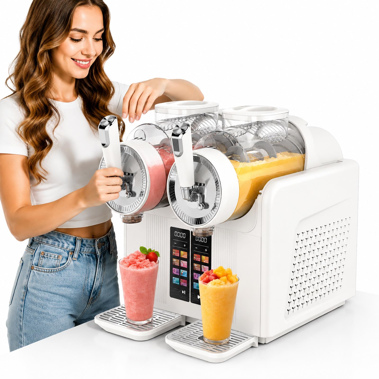 RoyceBee 2 * 2L Frozens Drink Maker, Home and Commercial Slush Machine with Touch Screen Control, Adjustable Slush Texture Settings, Countertop Beverage Machine for Making Fresh Frozens Drinks White