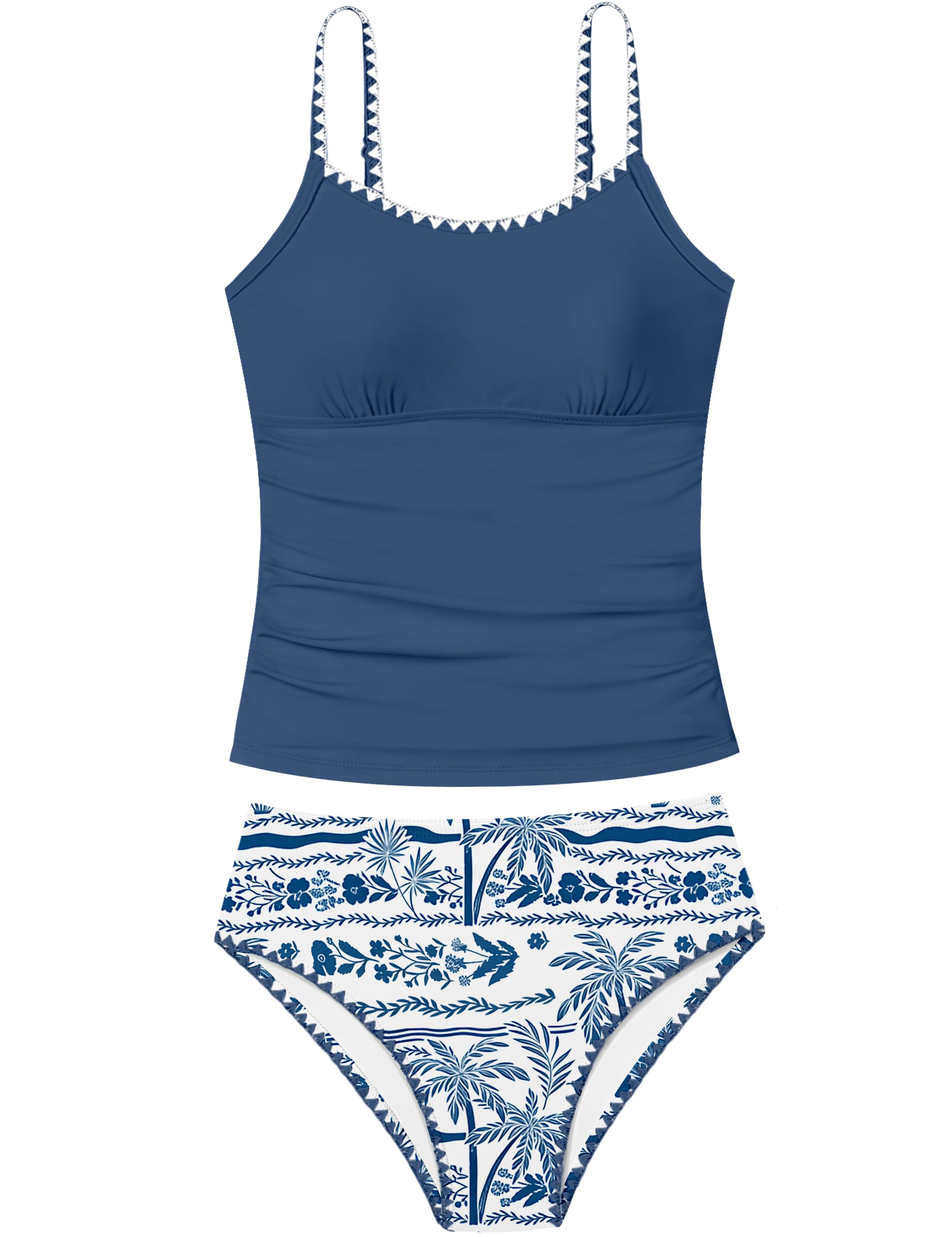 Girls Swimsuit Solid Color Tankini Contrast Trim Swimwear 2 Piece Bathing Suit Padded Swimsuits for Teens 9-16Y