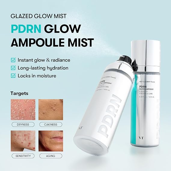 VT COSMETICS PDRN Glow Ampoule, PDRN Facial Mist, Deep Hydration Spray Serum, Vegan Skin Care, Light-weight Face Moisturizer, Plumping Effect, Fragrance-Free, Korean SkinCare (3.38 fl oz / 100 ml)