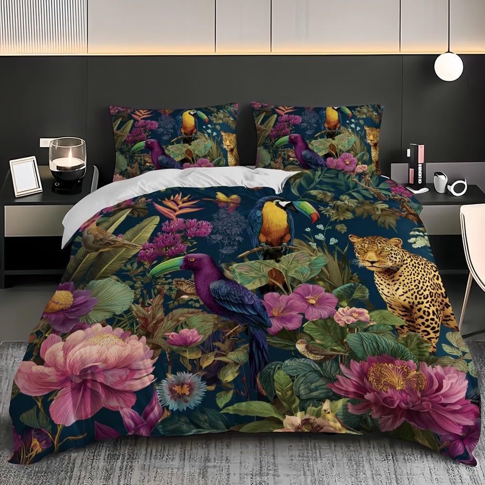 Pościel 240 x 220 cm, tropikalna pościel z motywem gepardu, papugi, kwiaty, 100% mikrofibra, nie wymaga prasowania, nie gniecie się, można prać w pralce, kolorowa, dwustronna, z poszewką na poduszkę