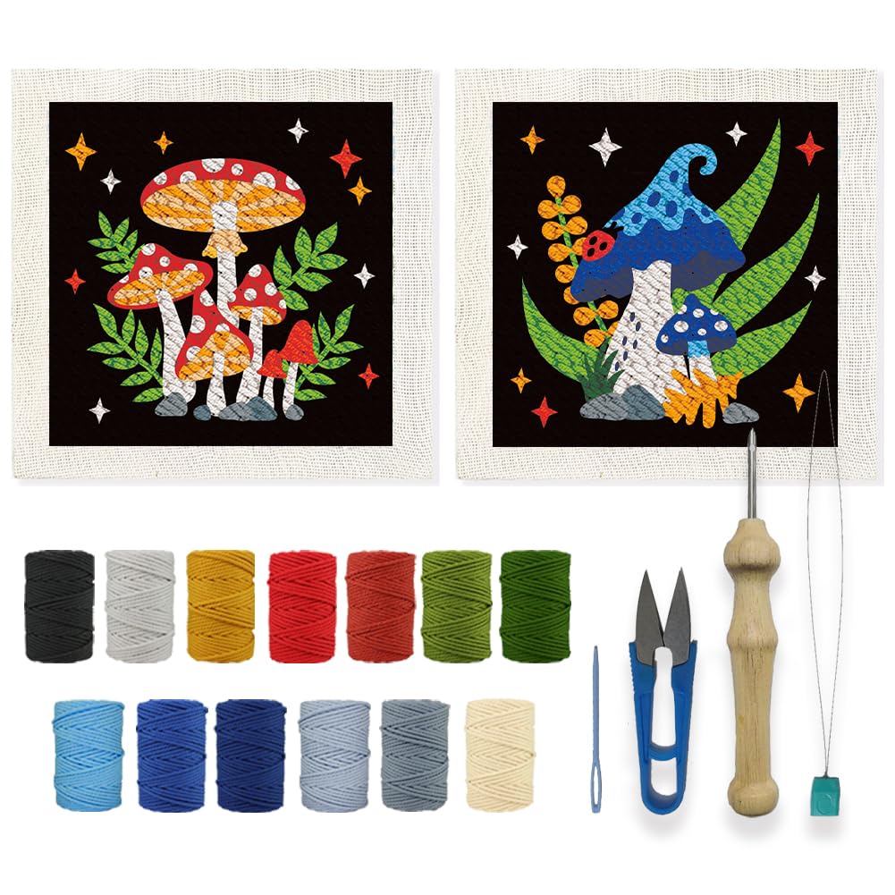 INFUNLY 2 Set Pilz Punch Needle Stickset Für Anfänger Art Night Mushroom DIY Punch Needle Stickerei Starter Set Handarbeits Nadelspitzen Mit Pflanzenmuster Anleitung als Festivalgeschenk Und Heimdekor