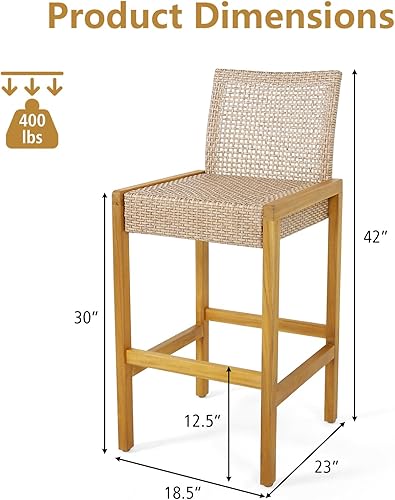 Miniatura 4 de Tangkula Juego de 2 taburetes de madera para patio, sillas de ratán de polietileno con respaldo, marco de metal estable, carga máxima de 400 libras,