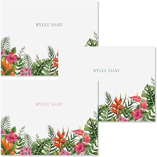 Tropical Foliage Personalized Note Cards - 24 Cards with White Envelopes, 4¼ x 5½ Inch Size, Blank Stationery, Add Names or Text, For Thank You Notes, Invitations, & Announcements