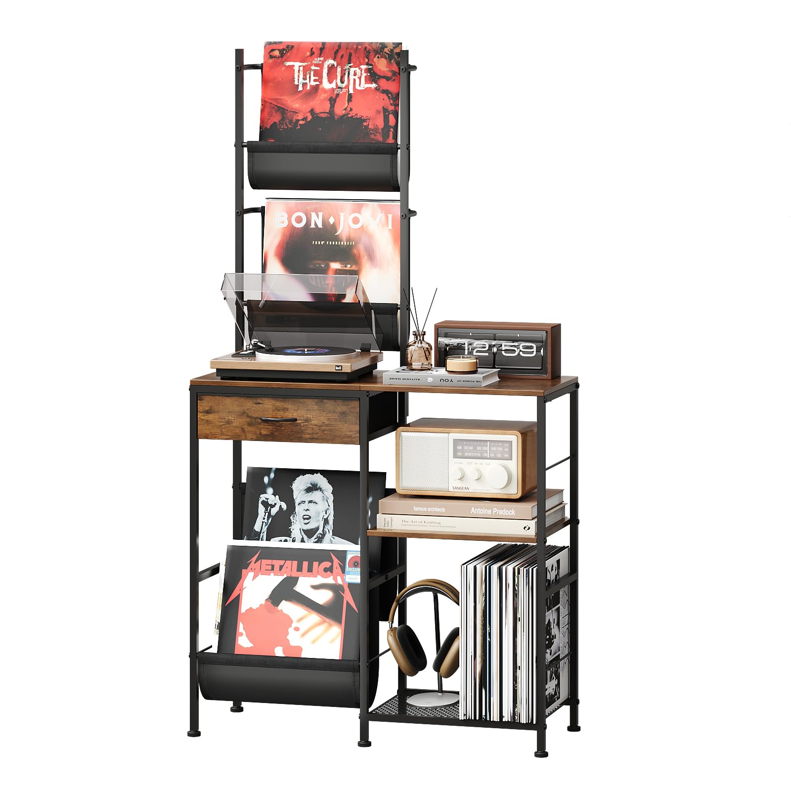 VEDECASA Scaffale per dischi in vinile con 1 cassetto e 3 ripiani, mensola vintage in legno e metallo per fino a 150 dischi in vinile, supporto LP con ripiano per giradischi, tavolino laterale per