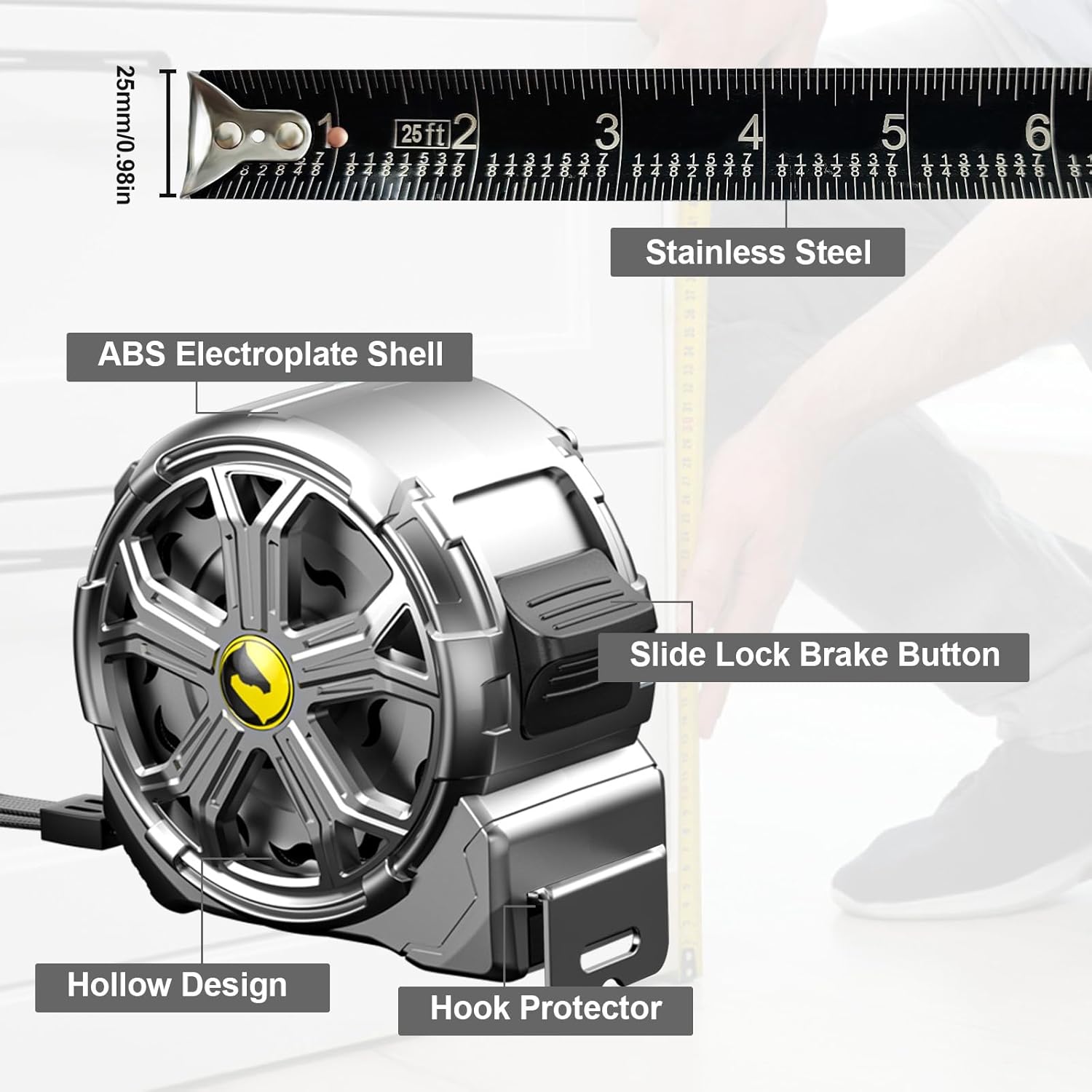 Tape Measure 25ft, Stainless Steel Retractable Tape Measure, Waterproof & Rustproof Steel Measuring Tape with Hollow Design for Renovation, Construction, Carpentry (25')