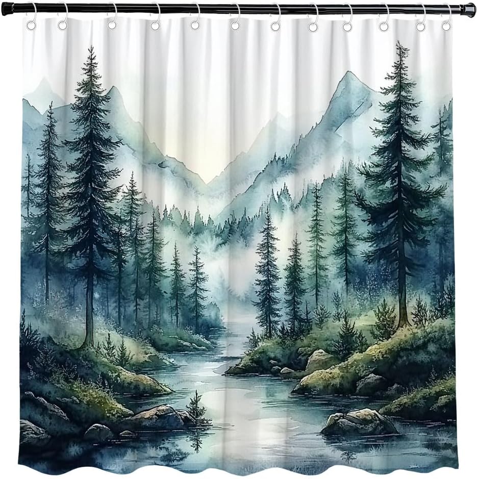 Watercolor Mountain Forest Shower Curtain Nature Landscape with River and Pine Trees Blue Green Teal Misty Forest Outdoor Country Scenery 78" Wx70 H Polyester Fabric Bath Decor Curtain