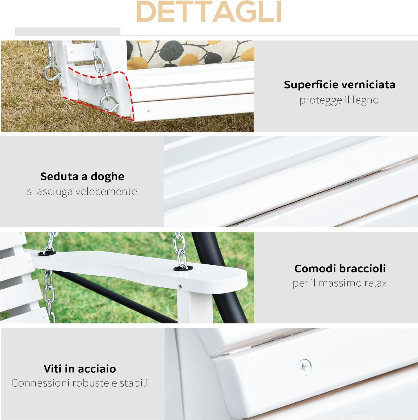 Dondolo da Giardino 3 Posti e Tavolino in Legno Dimensioni 150x75x53 cm Colore Bianco