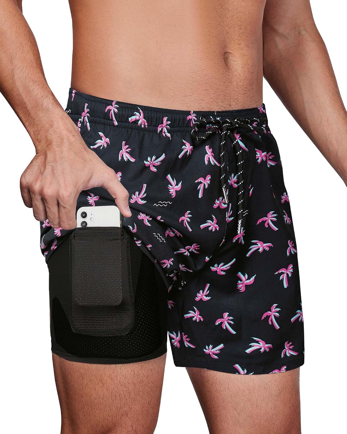 Gleeease 5inch Mens Swim Trunks with Compression Liner Pockets Drawstring Quick Dry Stretch Lined Funny Beach Swimming Surf