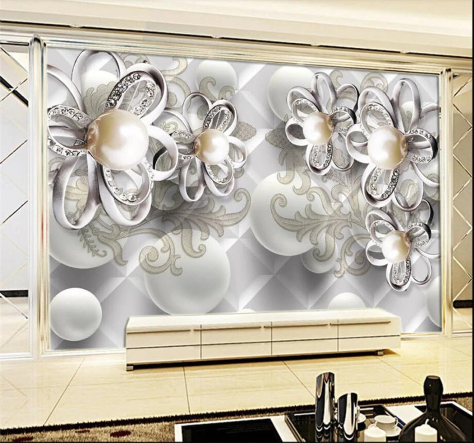 Pearls Diamonds Fresh Flowers Luxury Jewellery 3D Wallpaper Easy Install Feature Office Living Room Sofa Bedroom TV Background Wall Decoration-300cm×210cm