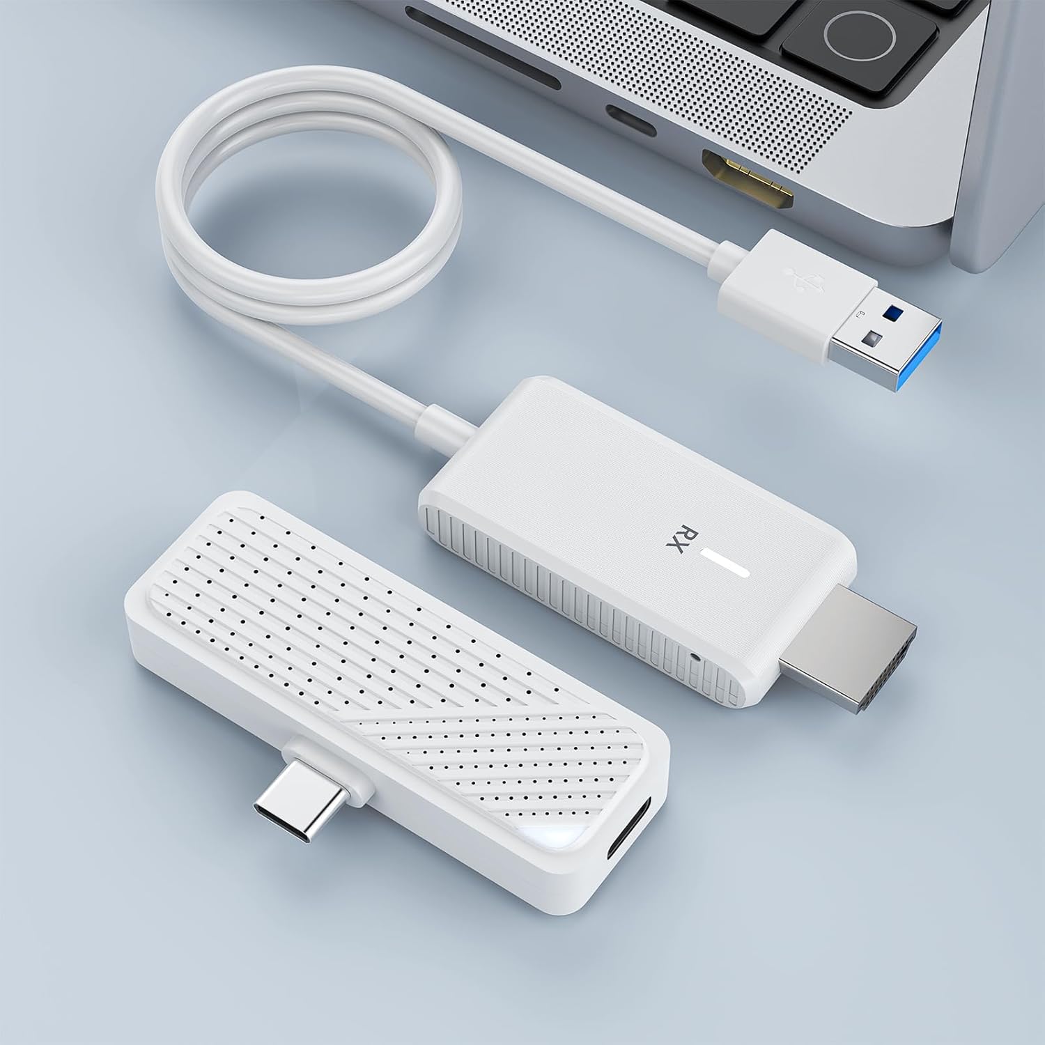 Type-C Wireless HDMI Transmitter and Receiver for iPhone & Laptop, 50M/165FT Type C Wireless HDMI Projector, 1080P@60Hz Output, Plug&Play 2.4G/5G for Streaming Video/Audio to HDTV/Monitor/Projector