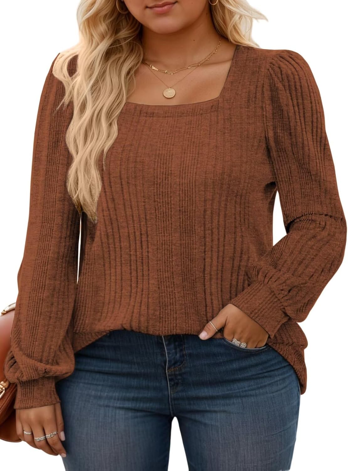 VISLILY Womens-Plus-Size-Long-Sleeve-Tops Cute Square Neck Lightweight Sweaters Casual Loose Fit Shirts Trendy Blouses Tunics - Image 2