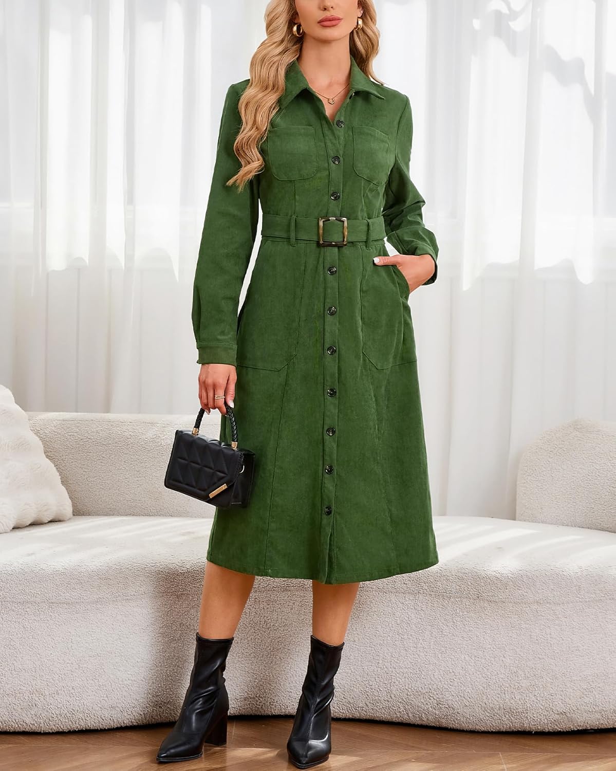Women's Corduroy Midi Dress Long Sleeve Belted Button Down Shirt Long Dress with Pockets - Image 2
