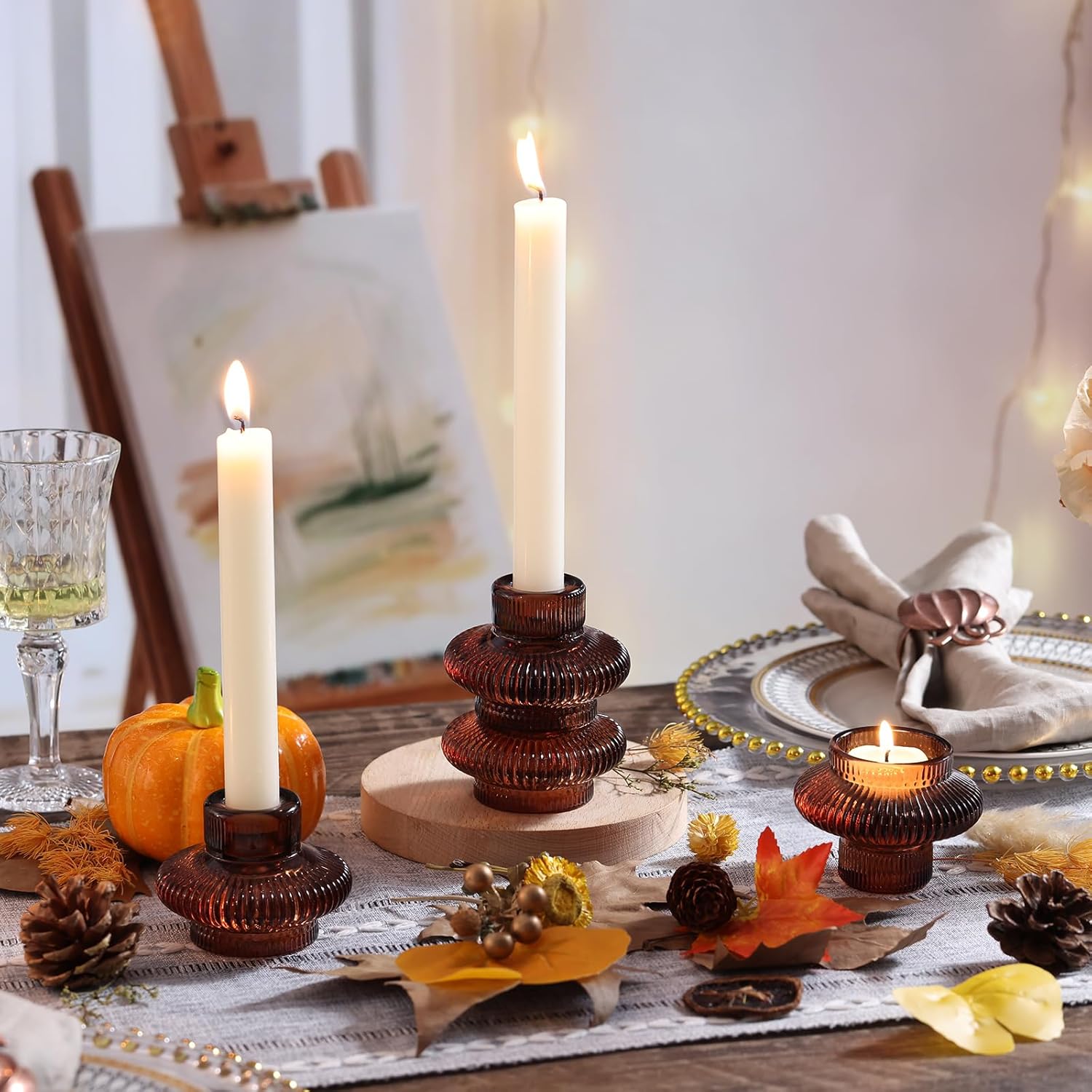 Taper Glass Candlestick Holders Tealight Candle Holders for Table Centerpieces, Fall Wedding Decor and Dinner Party Thanksgiving Christmas Decor (8 Pcs, Brown) - Image 7