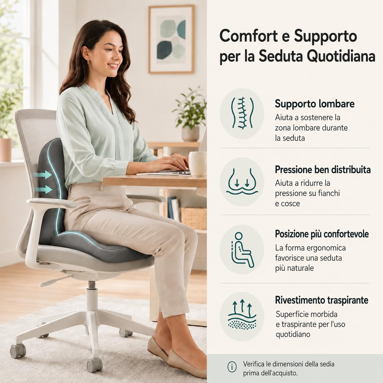 Generico Cuscino Ergonomico in Memory Foam con Ampio Supporto Lombare，Beige | Fodera traspirante lavabile e base antiscivolo. Allevia la pressione e migliora la postura. Portatile per auto e ufficio.