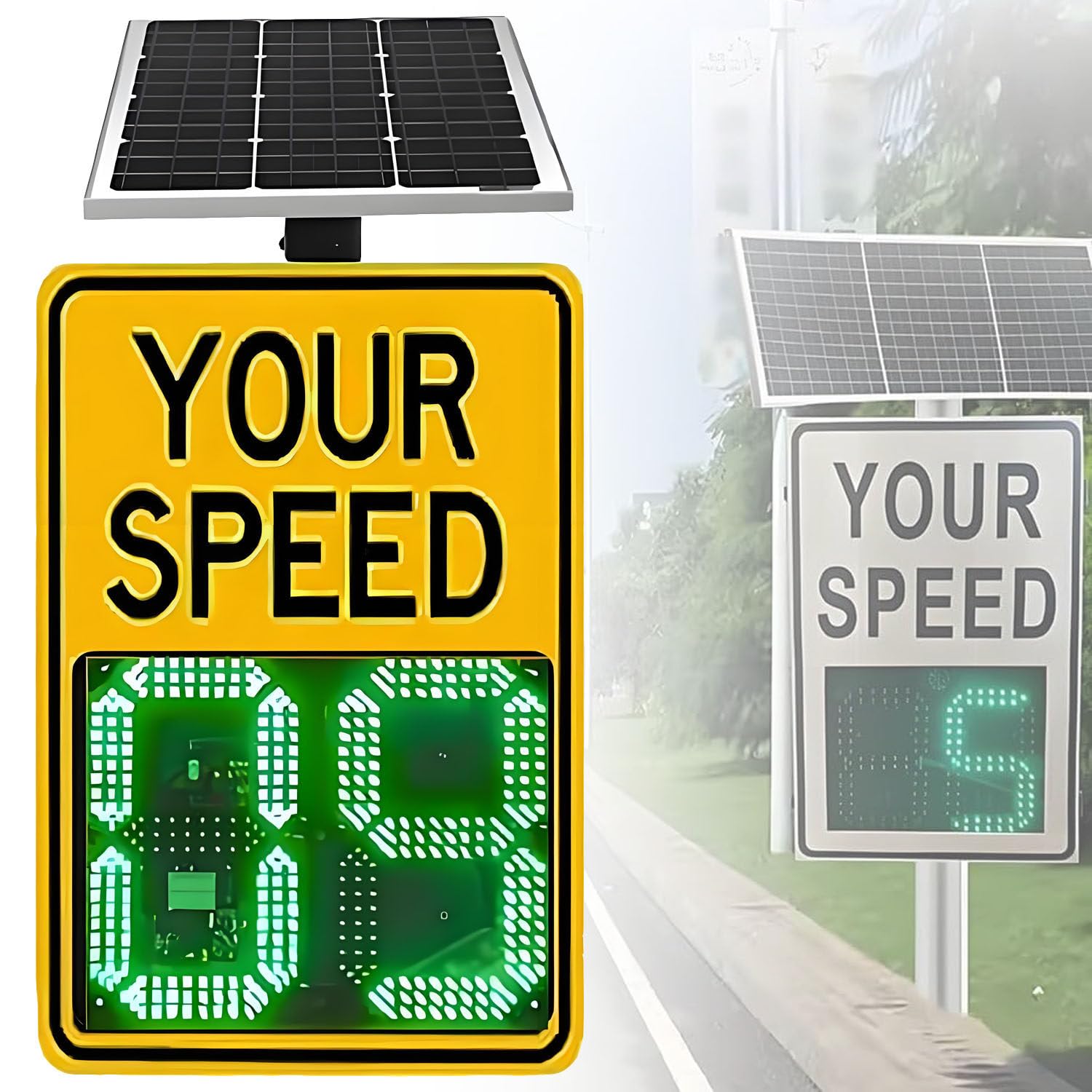 Señal de límite de velocidad con radar solar de alerta roja para cuatro carriles