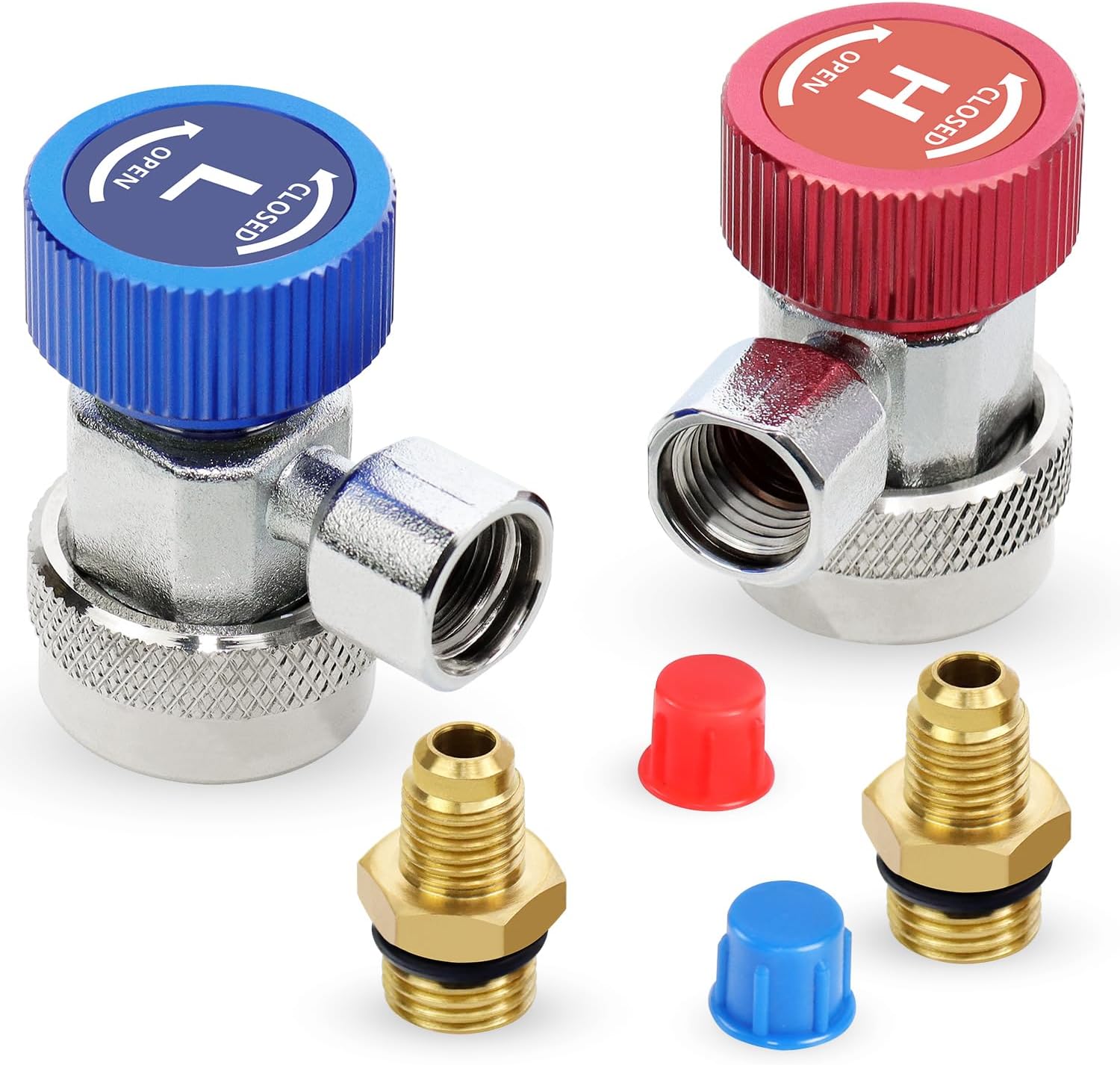 Automotive AC R134a Adjustable Quick Coupler Kit HVAC High Low Connector Conversion with 1/4 inch SAE Male Flare Adapter Work with Standard Auto Air Conditioner Manifold Gauge
