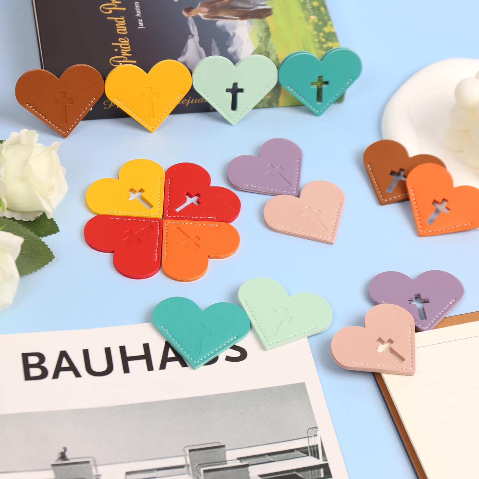 8 Pcs Leather Heart Bookmarks with Cross Design, Christian Gifts for Women, Book Accessories and Gifts for Church or Book Club(Cut-Out)