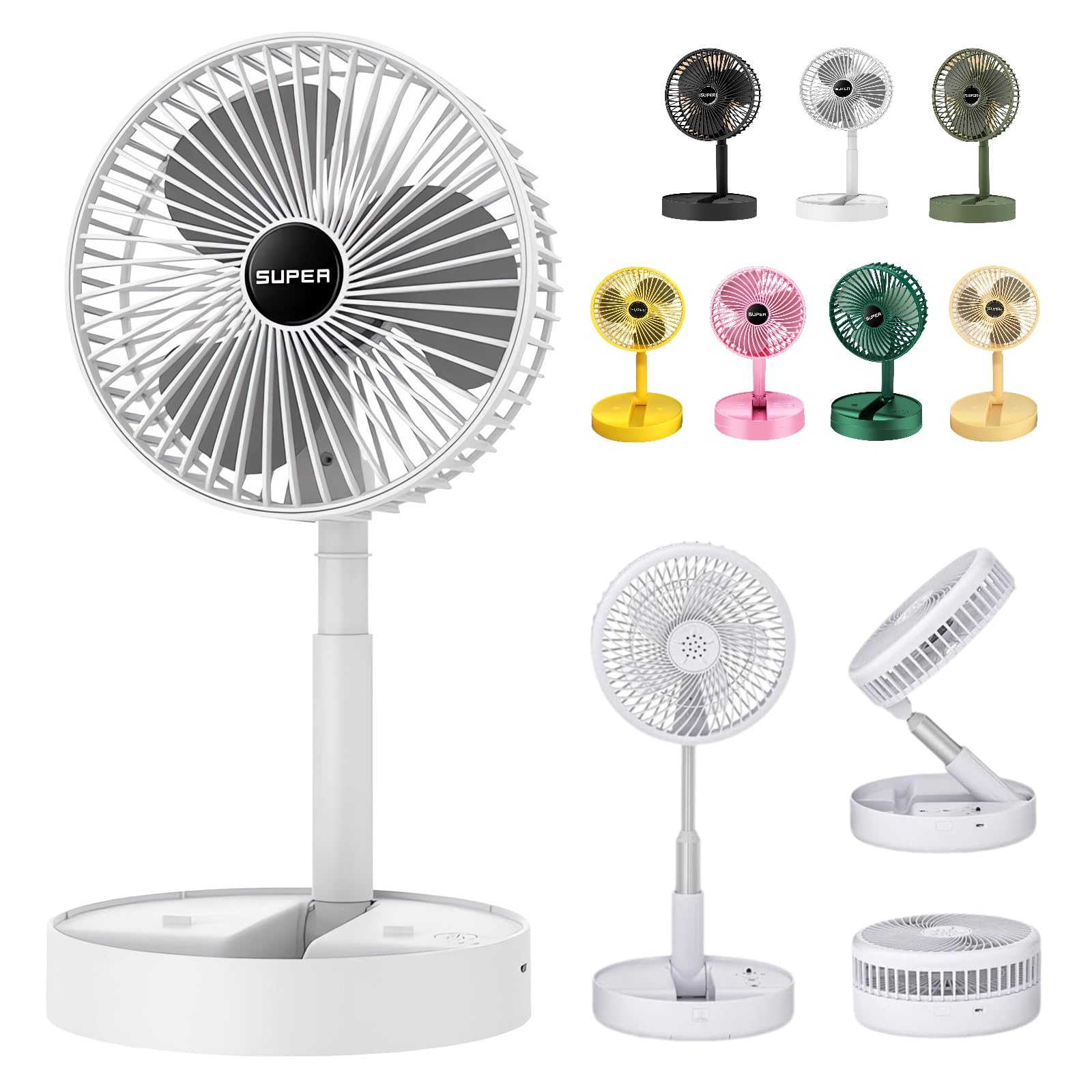 Telescopic Folding Fan - 2024 New Portable USB Rechargeable Collapsible Desk Fan for Travel, Silent Stand up Fan Wireless Folding Oscillating Compact