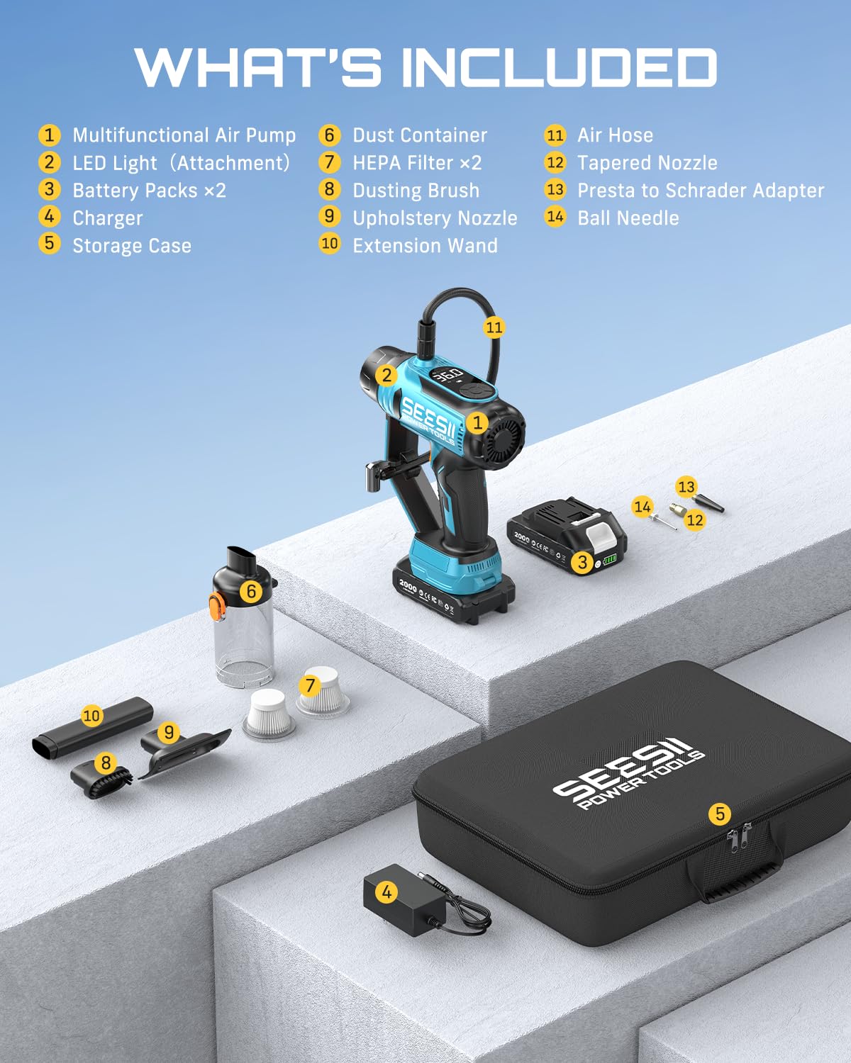 SEESII Compresseur pneus double batterie 150 PSI sans fil LED