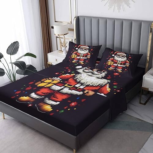 Sábanas de Navidad tamaño King, sábanas de árbol de Navidad de Papá Noel, sábanas y fundas de almohada estampadas, juego de 4 piezas, sábana bajera