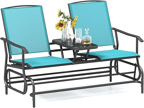 Tangkula Silla mecedora para 2 personas, sofá biplaza mecedora para patio con mesa central de vidrio templado, banco de columpio para exteriores con