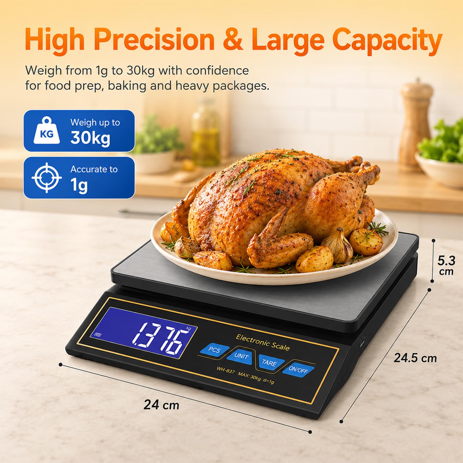 Küchenwaage Digital 30kg mit PCS Stückzählung und Tara, Paketwaage bis 30kg mit 9 Gewichtseinheiten umschaltbar 6 Zeitstufen Auto-Off, Lebensmittelwaage Groß für Gastronomie Versand und Backen