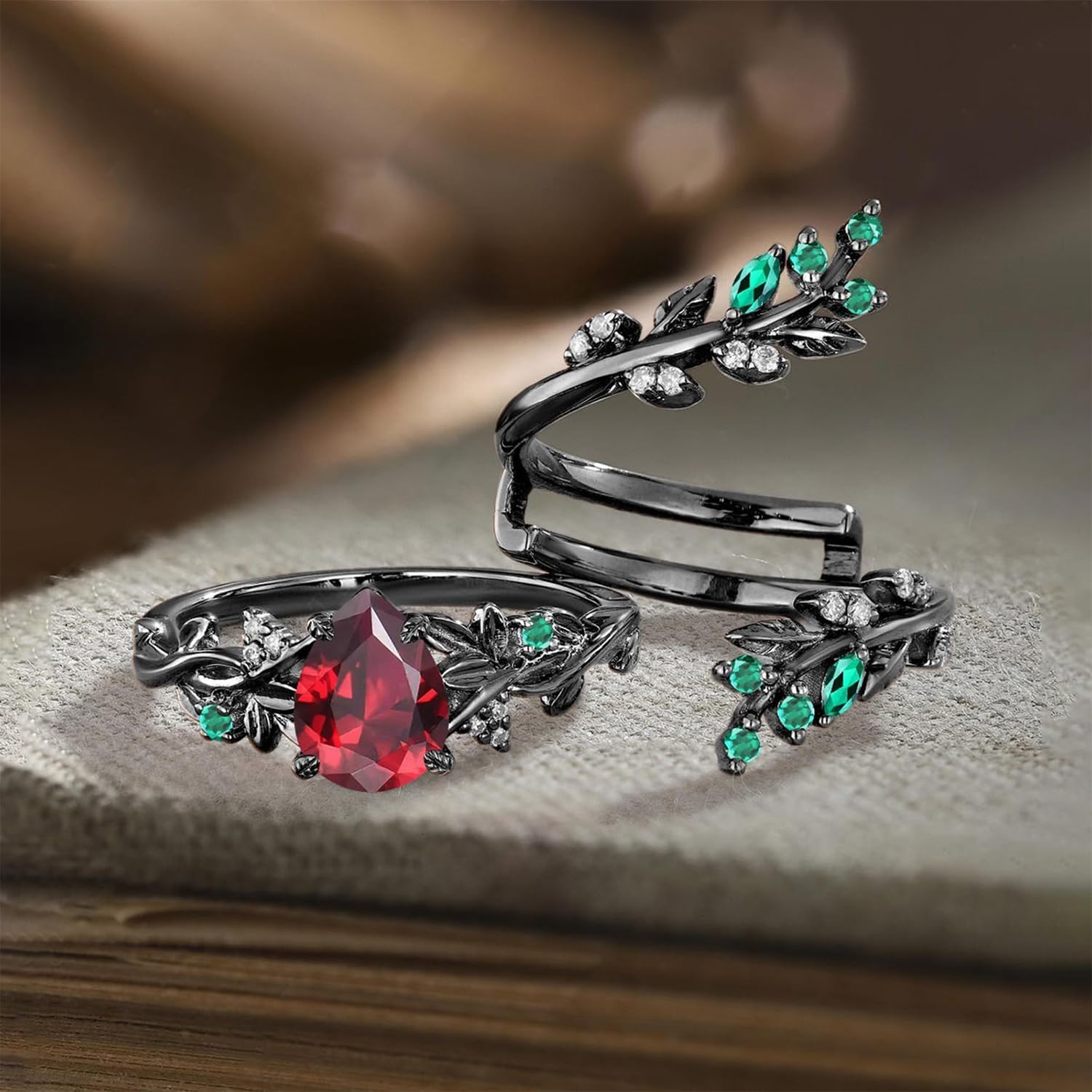 1.5CT Created Ruby Rings Set for Women Ruby Leaf Art Deco 2Pcs Ring Wedding Band With Emerald Twig 10K 14K 18K Black Gold Luxury Anniversary Jewelry with Gift Box