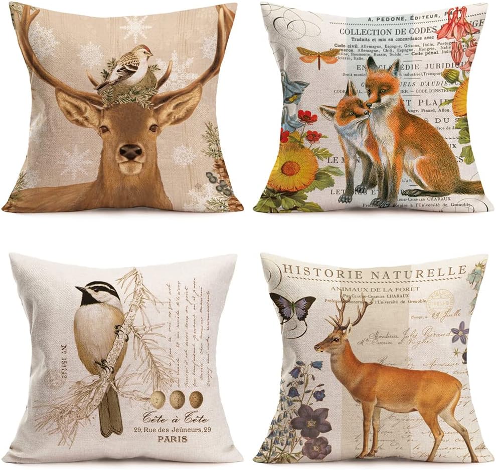 4Pack Vintage Animals Theme Throw Pillow Covers Rustic Retro Foxes Robin Birds Deer with Flowers Pillowcase Cotton Linen Home Sofa Couch Decor Cushion Case Cover (18X18Inch, VP-Foxes)