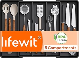 Lifewit Bandeja de talheres para gavetas, suporte para utensílios de cozinha, profundidade de 47 cm, organizador de gavetas de cozinha, expansível para 69 cm, suporte para utensílios de plástico para Recycled Claim Standard 100