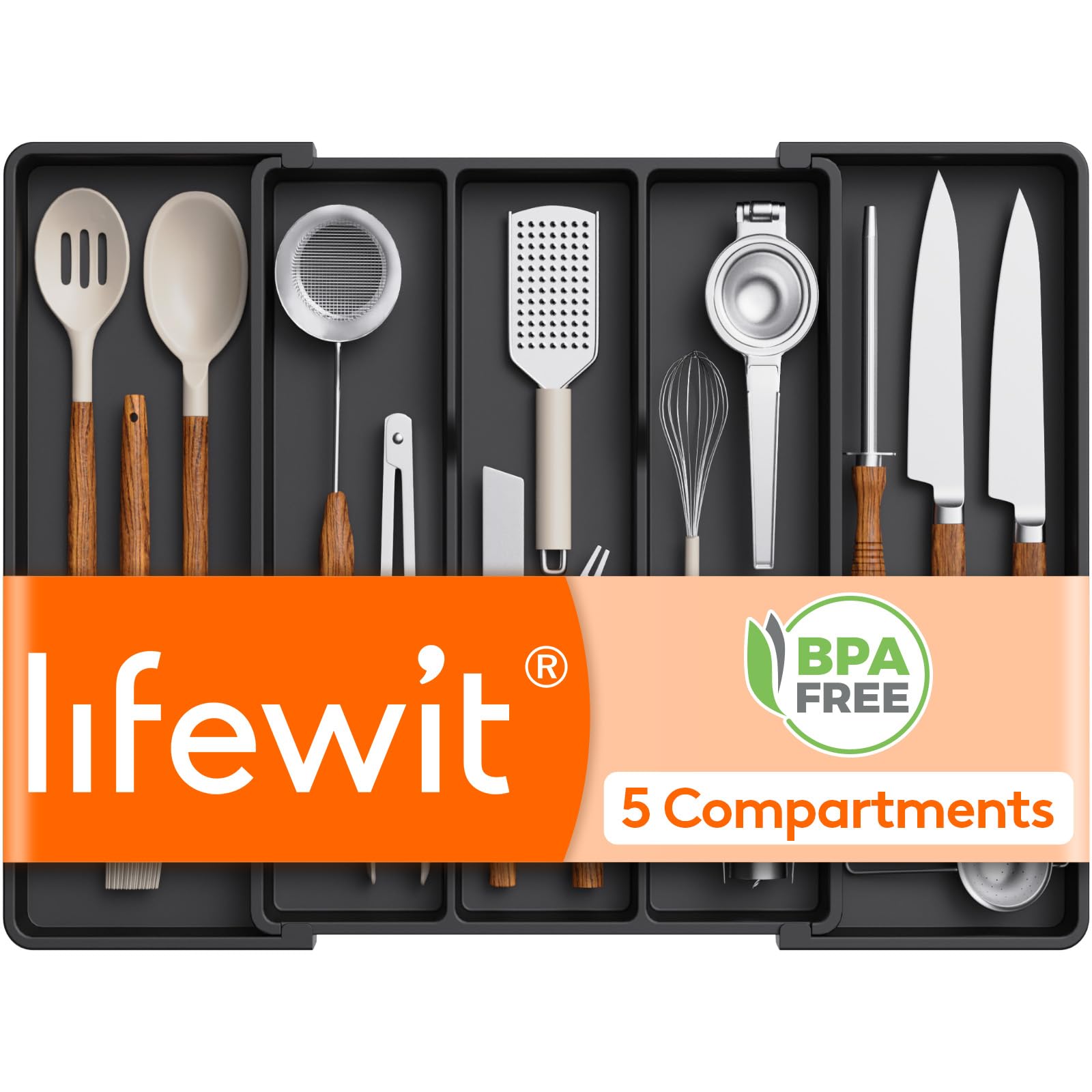 Lifewit Pojemnik na sztućce do szuflad, uchwyt na przybory kuchenne, głębokość 47 cm, organizer do szuflad, możliwość rozszerzenia do 69 cm, uchwyt na przybory z tworzywa sztucznego, wkład na sztućce