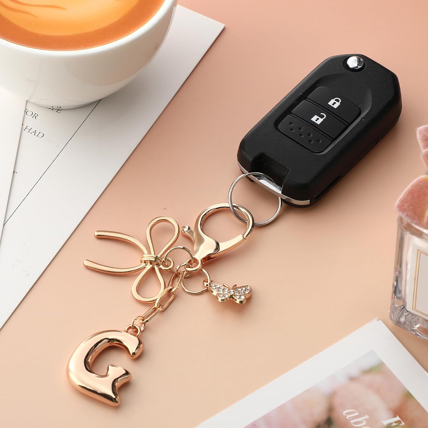 Bubble Initial Keychain with Bow & Butterfly - Gold Letter Bag Charms for Women, Cute Purse Handbag Accessories - Image 5