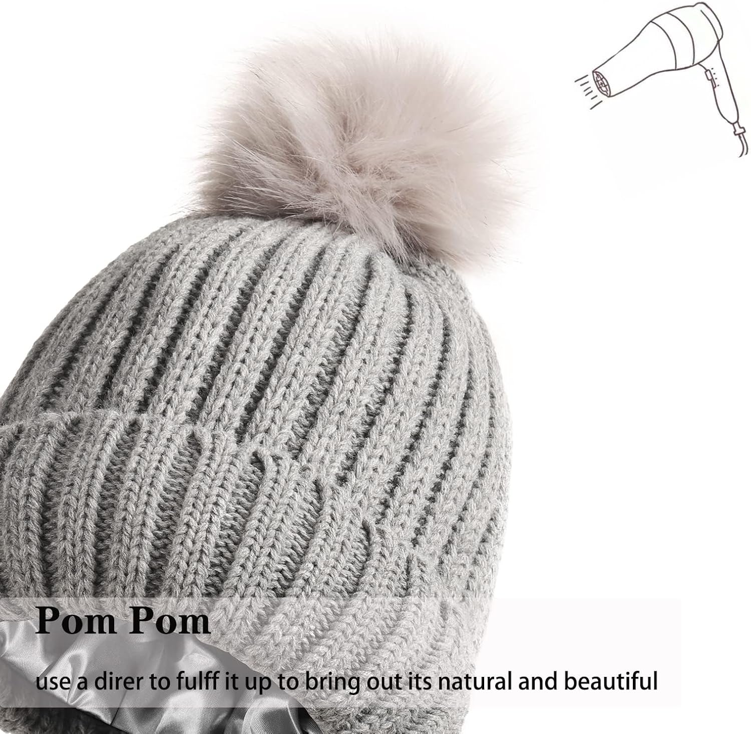 Women Satin Lined Winter Beanie Cable Knit Beanie for Womens Silk Lining Thick Chunky Hats Skull Warm Cap - Image 3