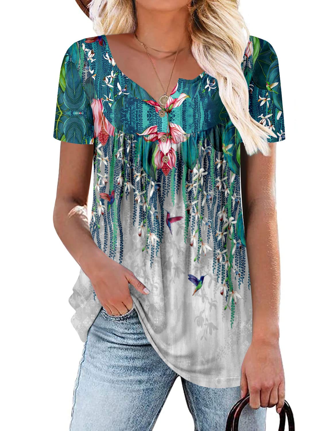 ROSELINLIN Women's Short Sleeve Shirts Floral Summer Tops Loose Fit for Leggings