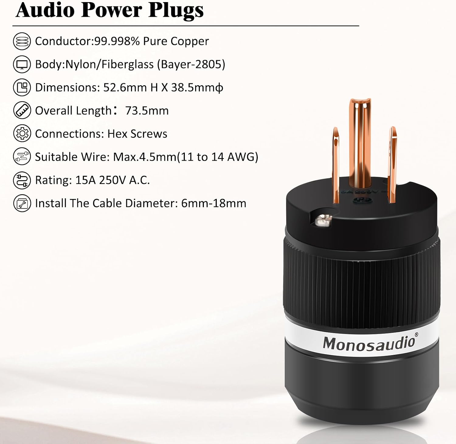 Monosaudio HiFi Power Plug Pure Copper 15A/125V 10A/250V IEC C13/C15 Power Connector Hi-end Audio Power Plug Audiophile Power Plug for DIY Audiophile Power Cord HiFi Audio AC Power Cable（M100/F100）