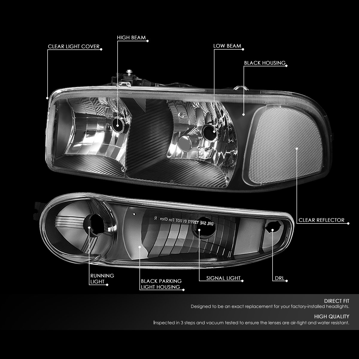 Auto Dynasty Headlights Assembly Compatible with 2001-2007 GMC Sierra Yukon XL 1500 Denali/Classic, 4Pcs Driver Passenger Side Halogen Headlamps Replacement w/Bumper Lamps, Black Housing Clear Corner