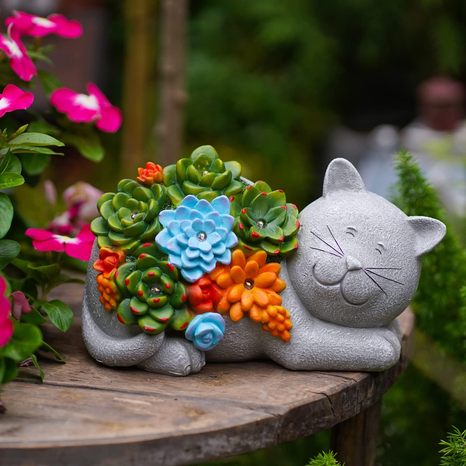 Yeomoo Statuetta decorativa a energia solare con piante grasse, decorazione da giardino per esterni, grigio | Graziosa statuetta da giardino con luci solari, regalo per gli amanti dei gatti, per donne, giardino, balcone, camera, 23 cm