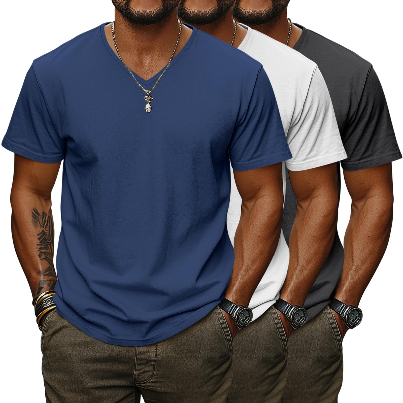 Ficerd 3 Pack Big and Tall V Neck Shirts for Men, Cotton Short Sleeve T Shirts Loose Casual Summer Basic Tee