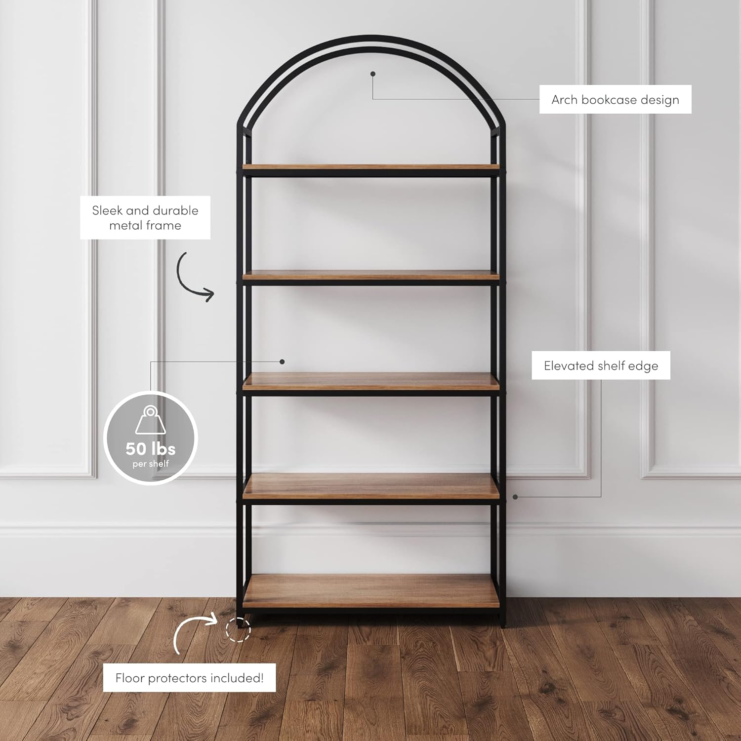 Nathan James Haven Etagere Bookshelf, 5-Shelf Bookcase in Oak Wood and Black Metal Frame with Arch Top and Open Shelves, Oak/Black, Set of 3