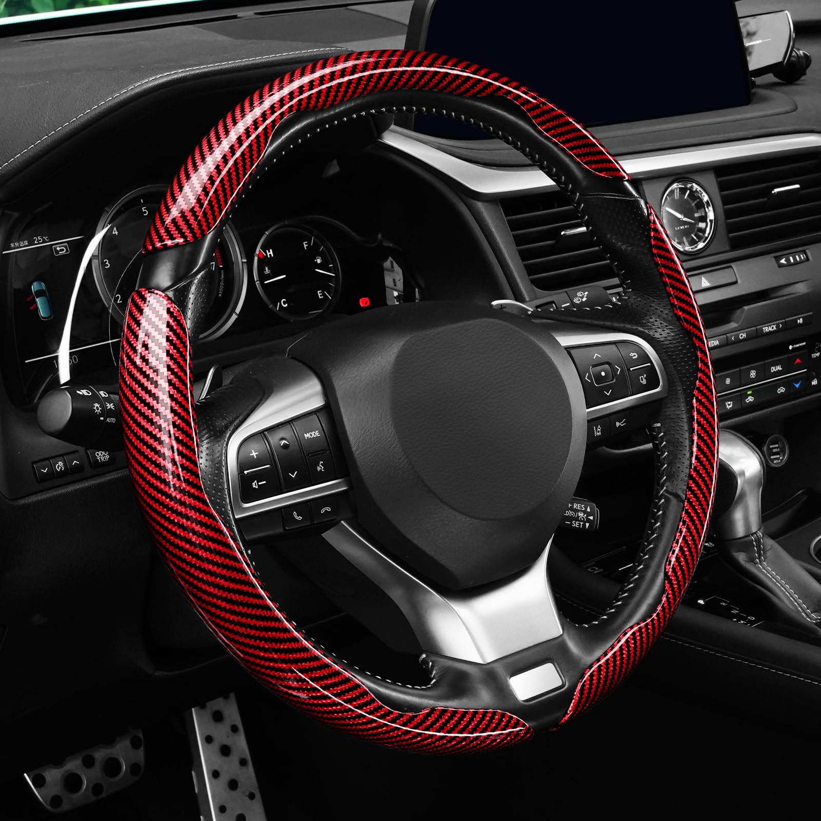 Amiss 3pcs Carbon Fiber Anti-Skid Steering Wheel Cover, Waterproof Design, Universal Fit for 14-16 Inch Car Wheel Cover, Interior Car Accessories for Jeeps, SUVs, Trucks (Glossy Red)