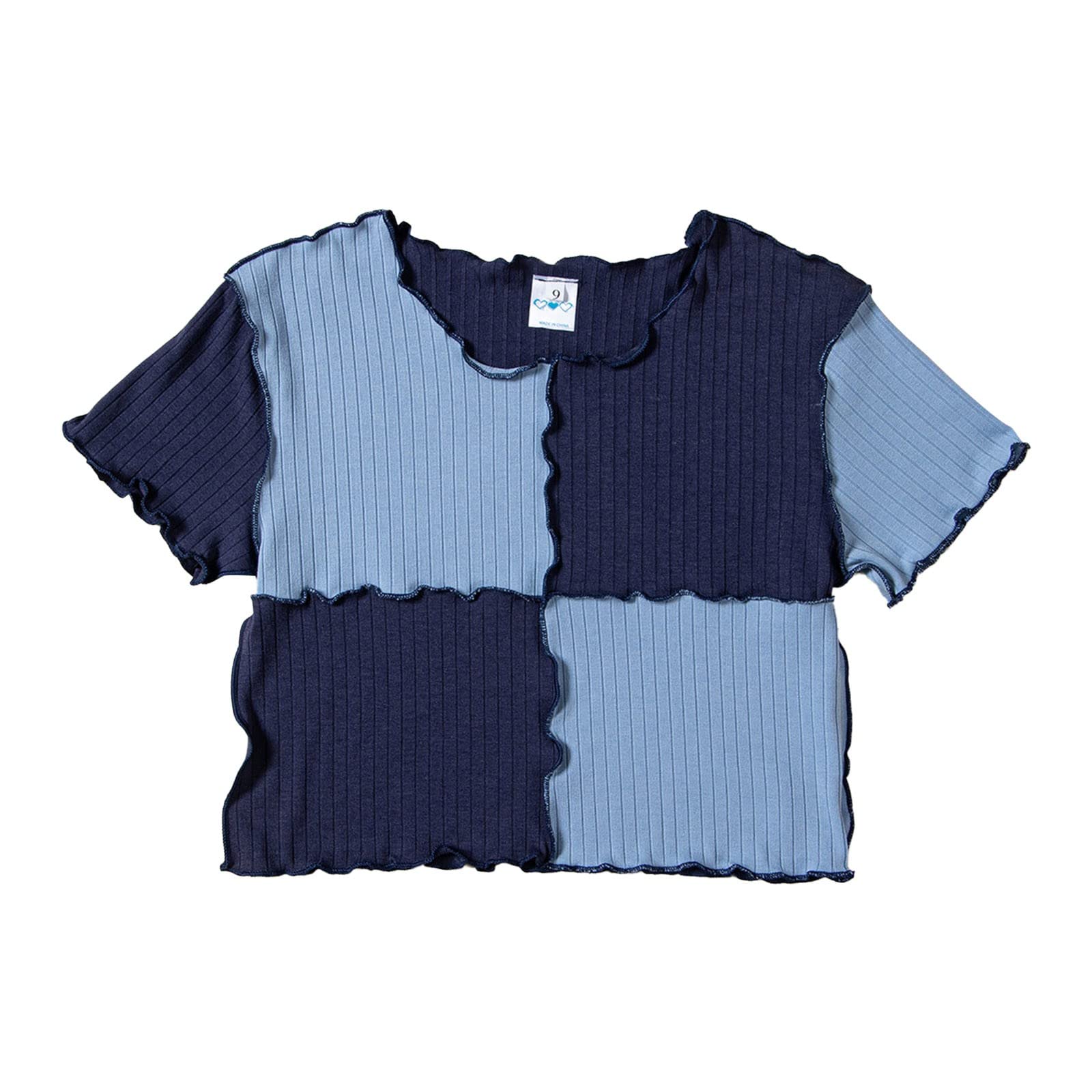 Girls Short Sleeve Colorblock Tee Shirts Kids Toddler Ribbed Knit Wood Ear Edge Round Neck T-Shirt (Blue, 7-8 Years)