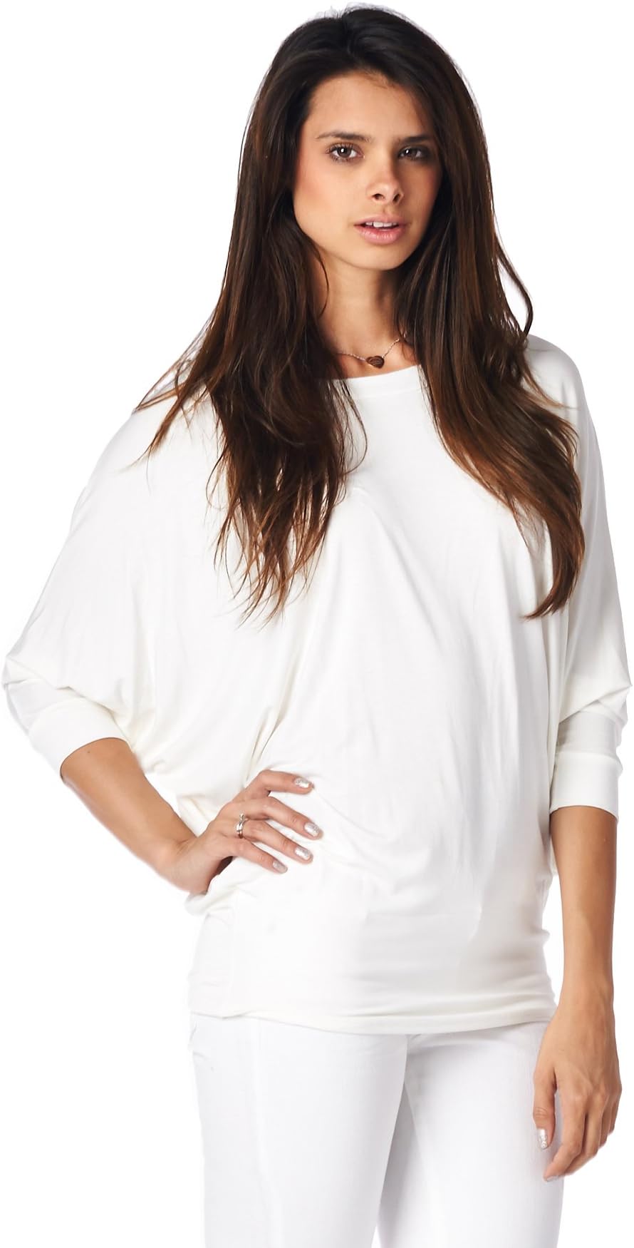 Women's Solid Color Dolman 3/4 Sleeve Pullover Tee Shirt Top Blouse (Small, Ivory)