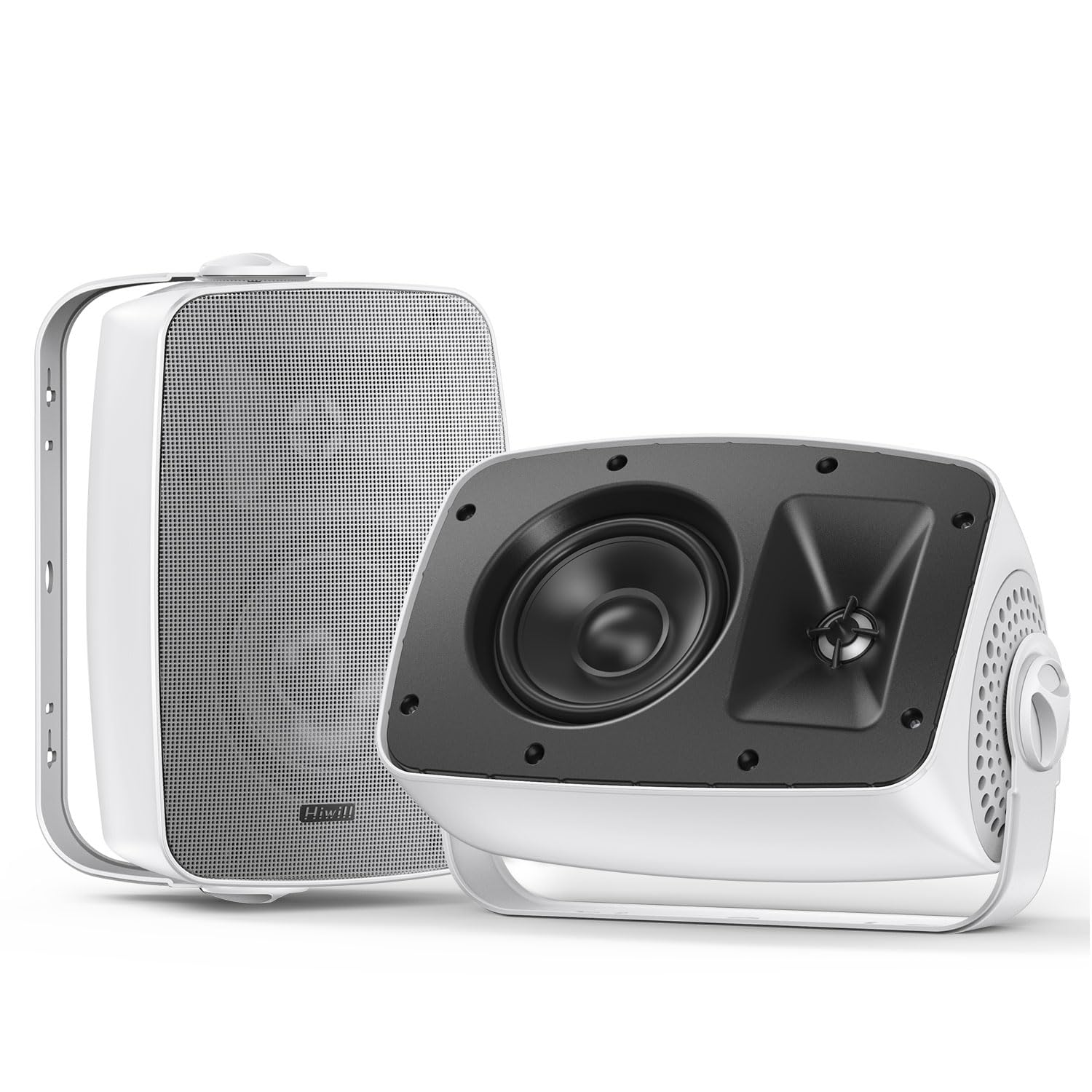 Hiwill Outdoor Speakers w/Powerful 4.5'' Bass, Broad Sound Coverage, Dual 4.5'' Passive Radiators, Aluminium Dome Tweeter, Speed-Lock Mounting System -All-Weather Durability (Pair, White)
