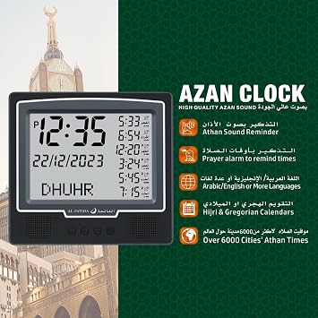 Azan Alarm Table Clock, Automatic Worldwide Digital 8 Azan Prayer Sounds, Muslim Prayer Clock for Home Decor, Ramadan Gift (Black)