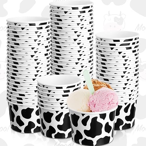 50 tazas de helado de vaca de 9 onzas, cuencos desechables de papel a granel, tazas de sopa con estampado de vaca, recipientes de papel para
