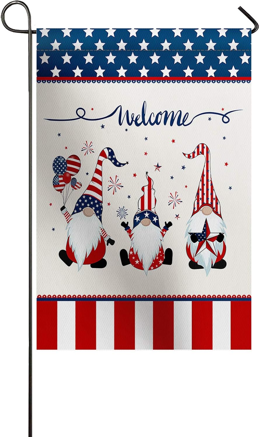 Chic D July 4th Gnome Garden Flag Double Sided House Banner 12 x 18 inch, Celebrate Independence Day, Welcome Decorative Flag for Party Yard Home Outdoor Decor, 100% Polyester