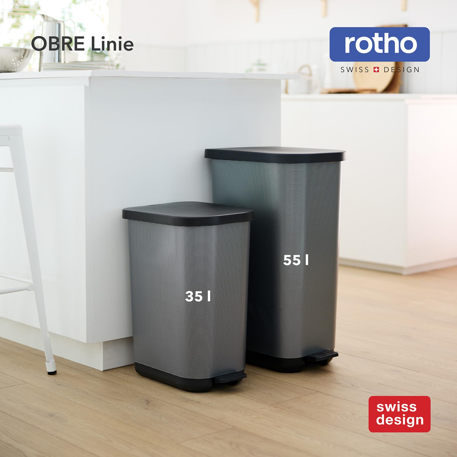 Rotho Orbe Cubo de Basura Cocina 50 L con Pedal Papelera Cocina PP Negro | Cubo de basura de 50 L con pedal y tapa, plástico PP de fácil cuidado, para residuos diarios de cocina