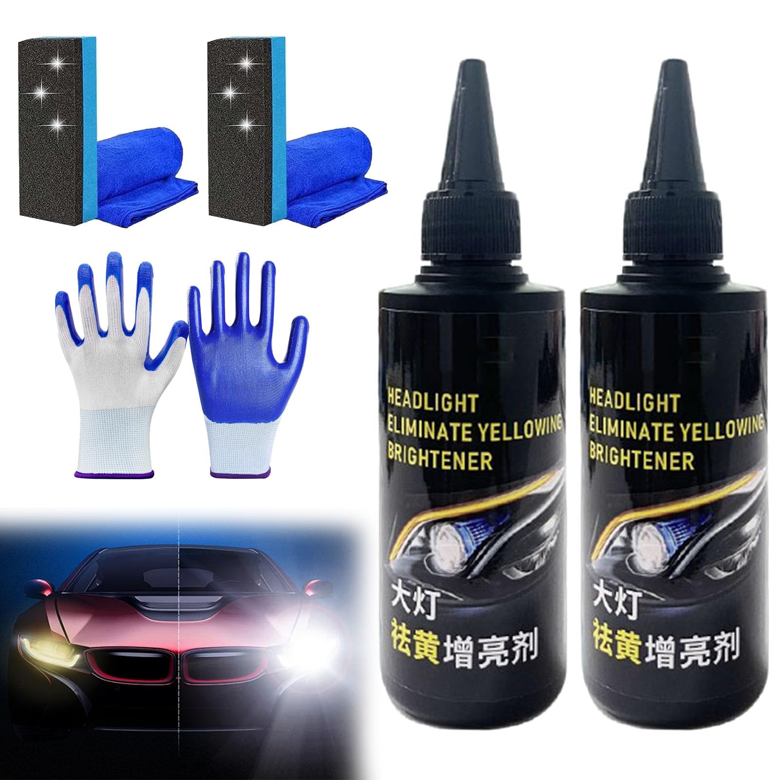 Car Headlight Revitalizer – Blurring &amp; Yellowing Remover, Professional Headlight Restoration Kit, Headlight Eliminate Yellowing Bringhtener, Head Light Cleaner for Polish, Decontamination (2Pcs)