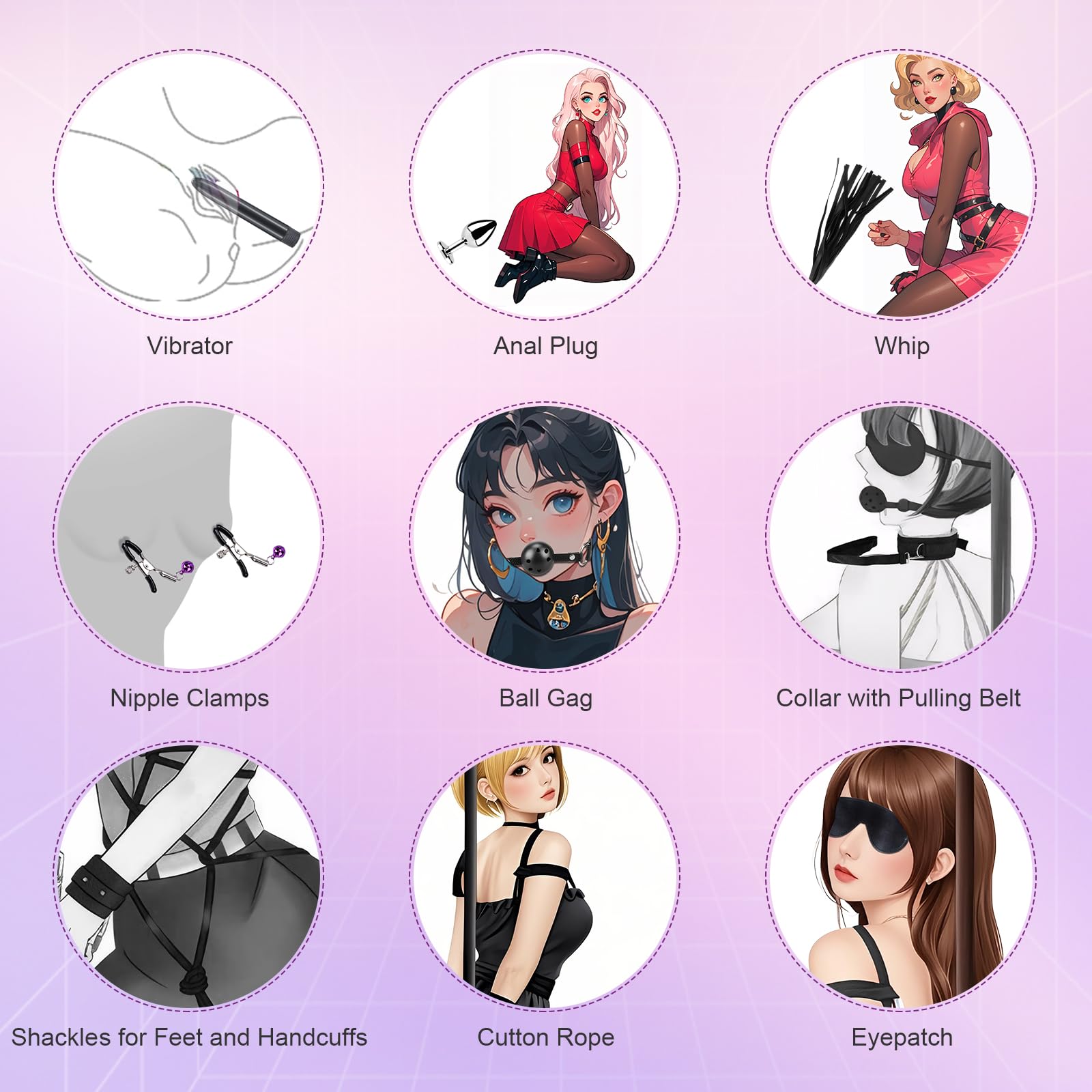 Kit Bondage BDSM 12 Pezzi Qoosea per Coppie – Set di Restrizione Regolabile con Manette, Cavigliere, Collare, Benda Occhi, Bavaglio & Accessori per Giochi Erotici – Sex Toys per Adulti
